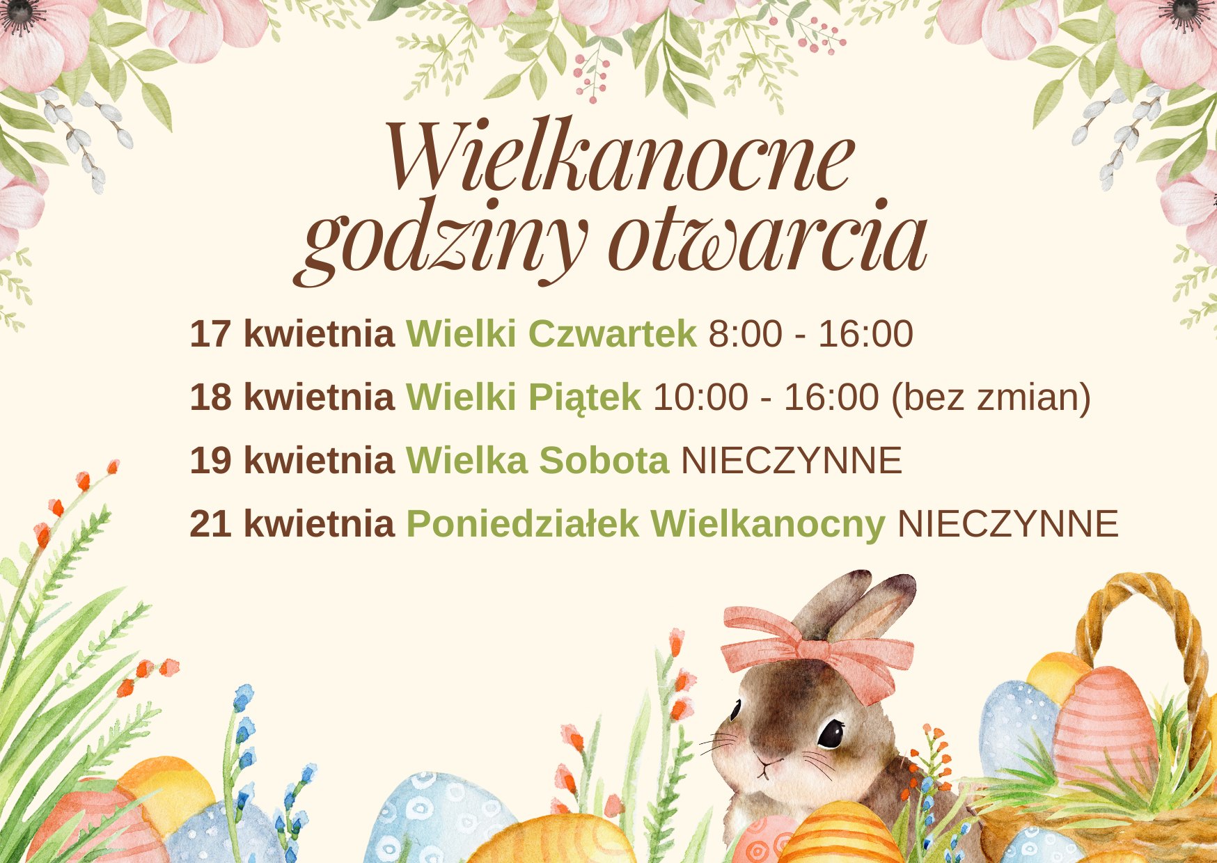 Wielkanocne godziny otwarcia