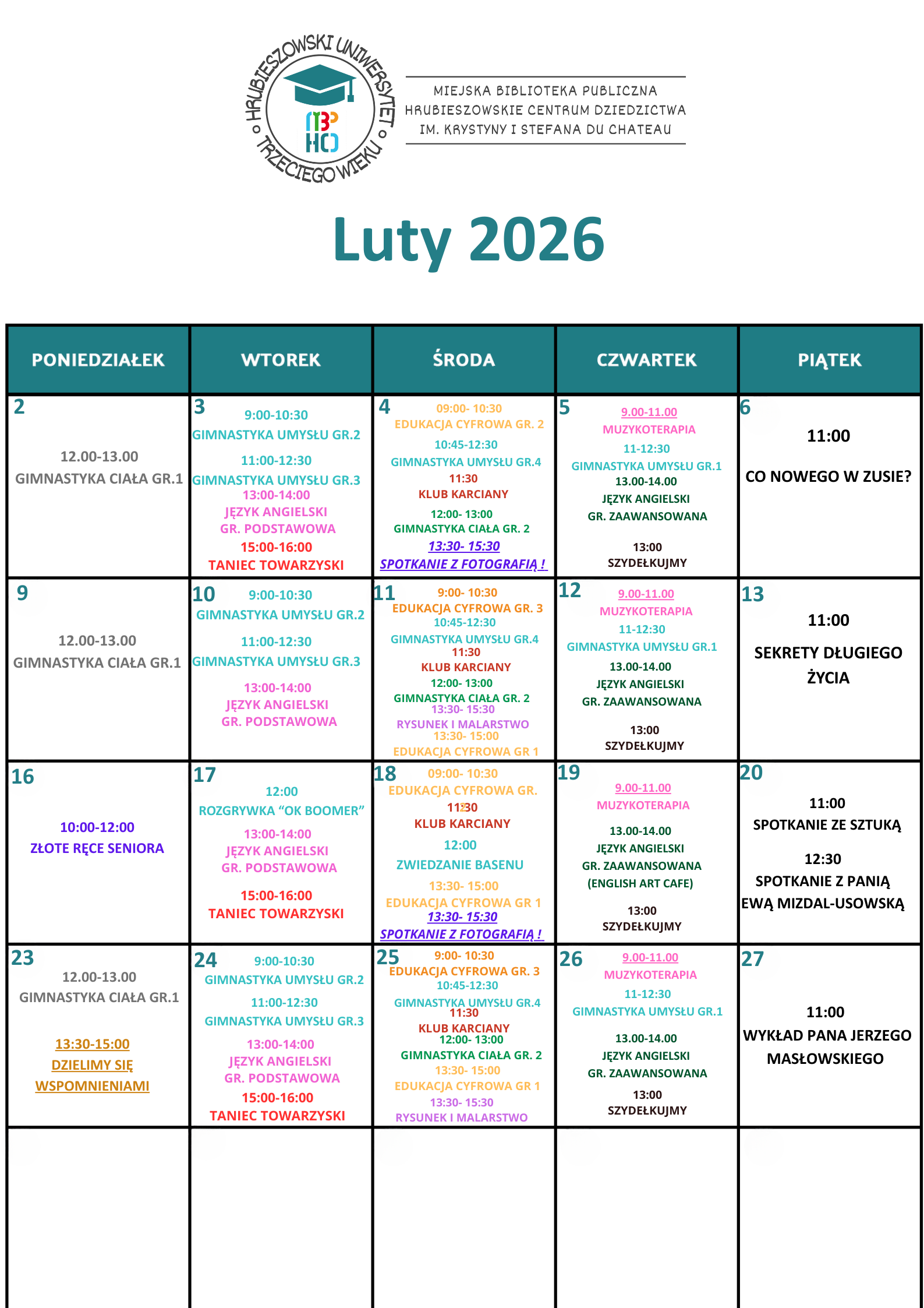 Plan zajęć HUTW LUTY 2026