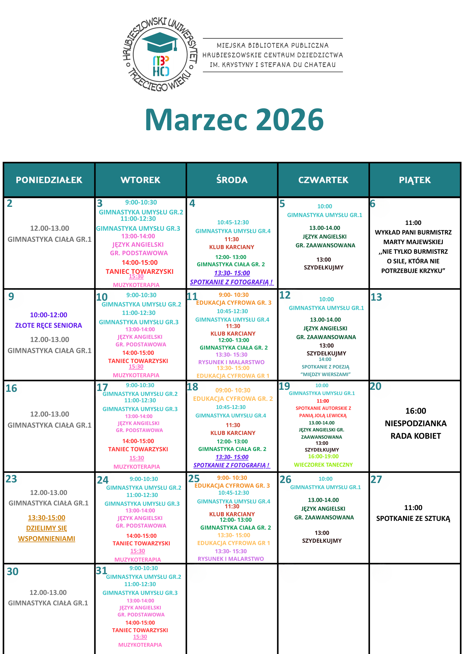 Plan zajęć HUTW MARZEC 2026