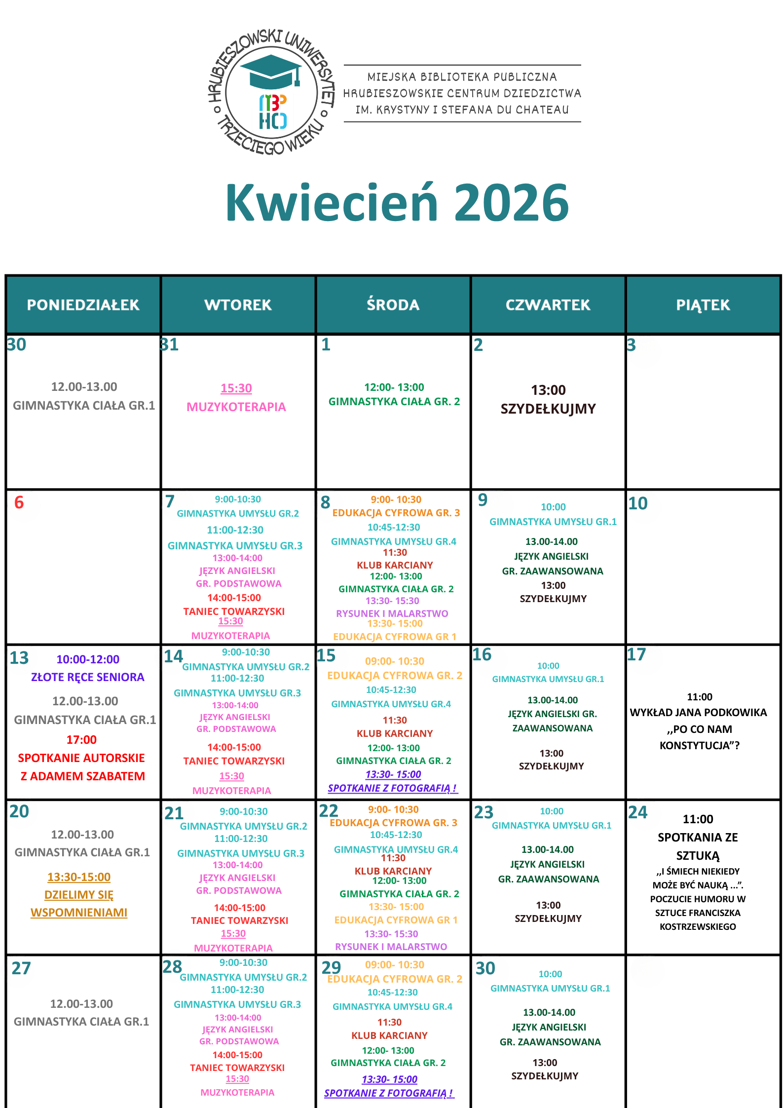 Plan zajęć HUTW KWIECIEŃ 2026