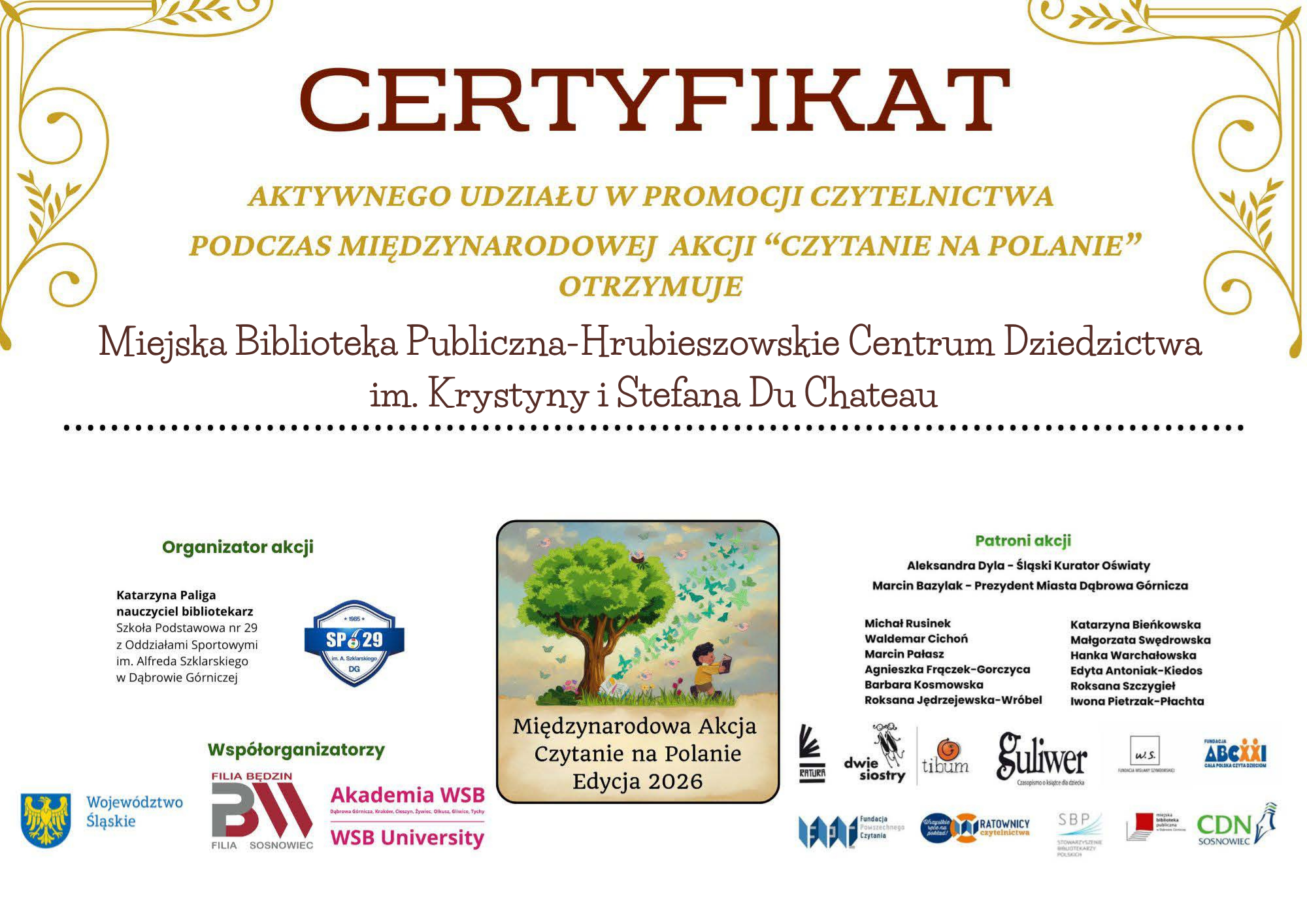 Certyfikat Aktywnego Udziału w Międzynarodowej Akcji „Czytanie na Polanie”